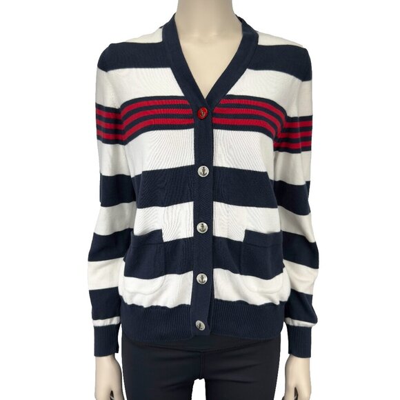 SAINT JAMES Sailor Chic Red White Navy Blue Striped V-Neck Coastal Cardigan 10 - Picture 1 of 10